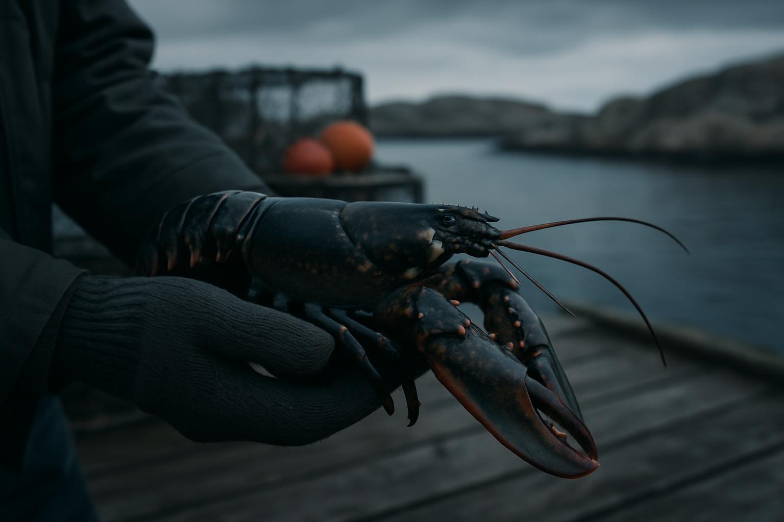 Fiskare med vantar granskar amerikansk hummer pa vastkusten