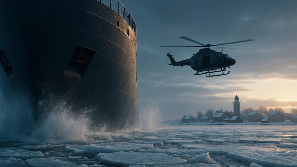 Sjoefartsverket isbrytare och helikopter vid kusten med raddning