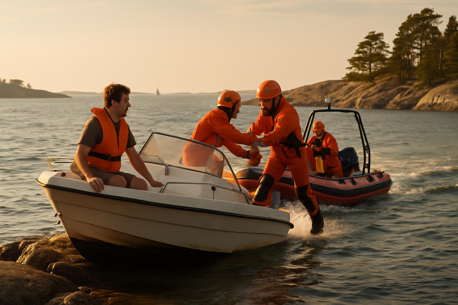 Sjoraddningar i skargarden dar batagaren far hjalp av rib-team
