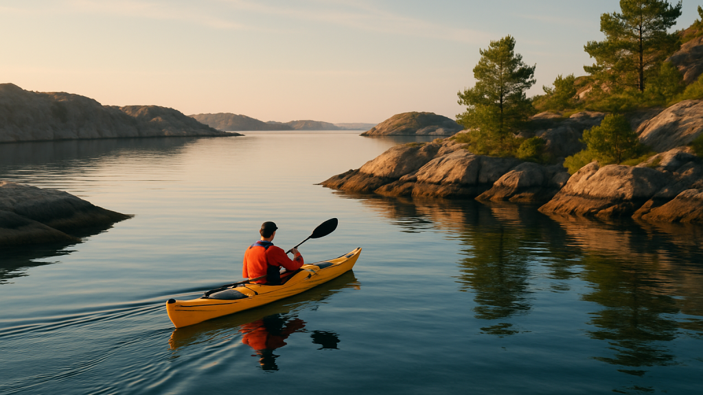 En person paddlar kajak längs Sveriges kust på lugnt blått vatten omgiven av klippor och gröna öar.