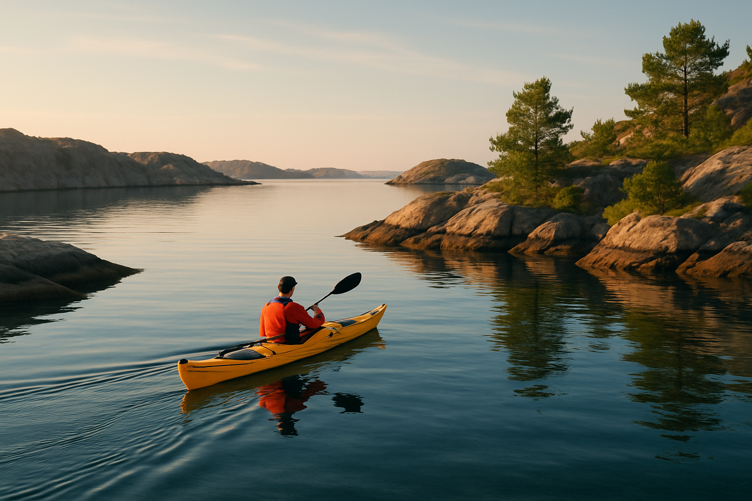 En person paddlar kajak längs Sveriges kust på lugnt blått vatten omgiven av klippor och gröna öar.