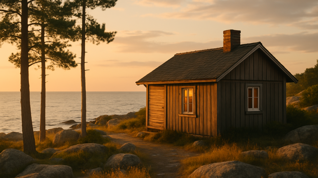 Charmig kuststuga vid havet med solnedgång och naturlig omgivning