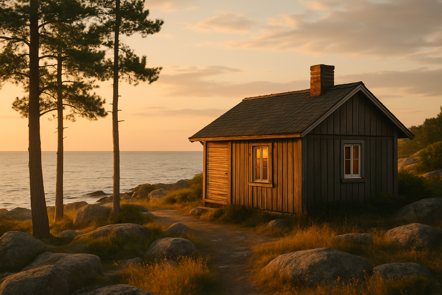 Charmig kuststuga vid havet med solnedgång och naturlig omgivning