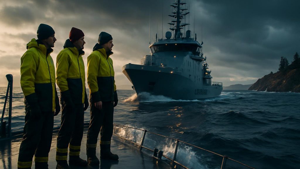 Kustbevakningen patrullfartyg på havet med besättning på däck i kallt kustlandskap.