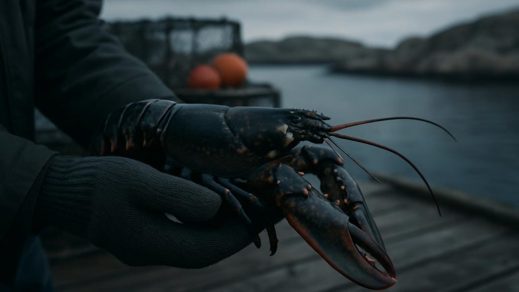 Fiskare med vantar granskar amerikansk hummer pa vastkusten