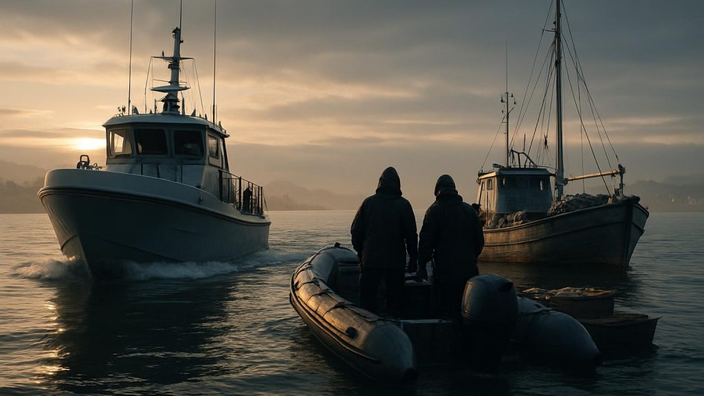 Gryningsscen med patrullbat och fiskefartyg vid hamn fiskerikontrollen