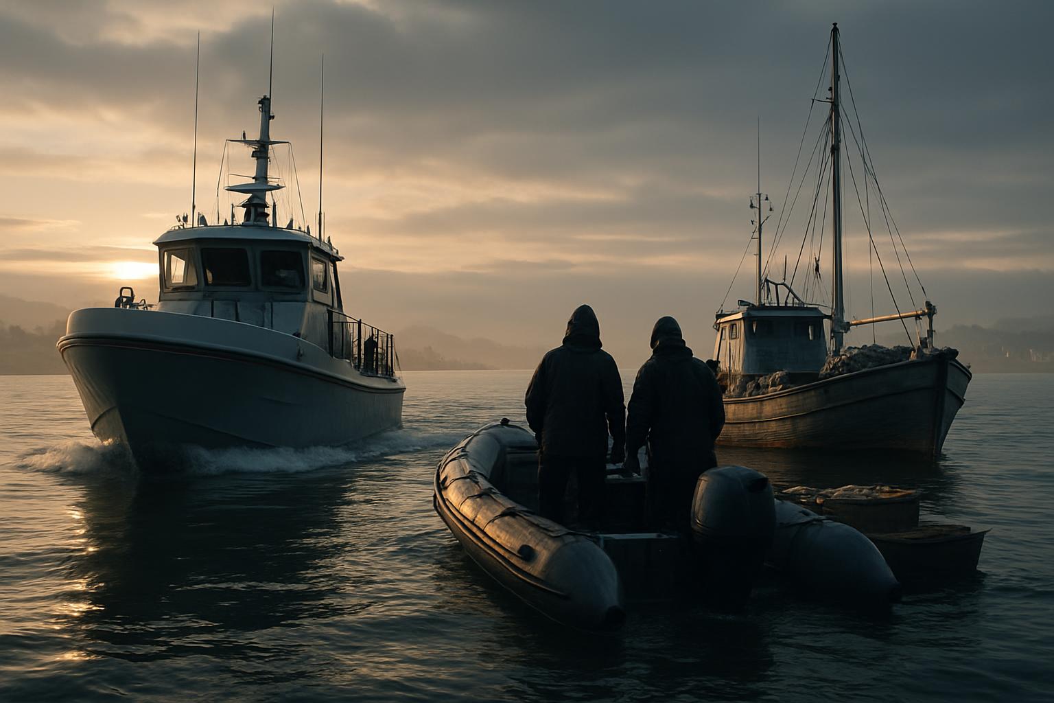 Gryningsscen med patrullbat och fiskefartyg vid hamn fiskerikontrollen