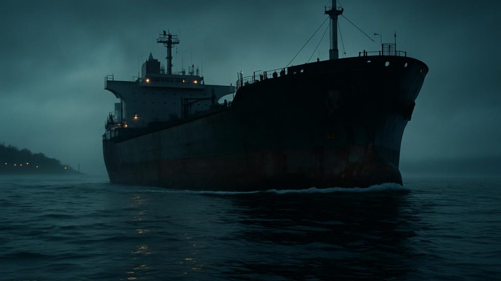 Skuggflotta oljetanker i ostersjon passerar genom sund vid skymning