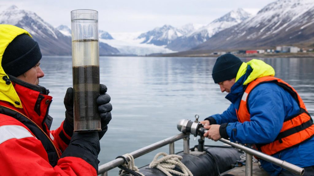 Forskare utför sedimentprov i Adventfjorden, Svalbard, vid en forskningsbåt.