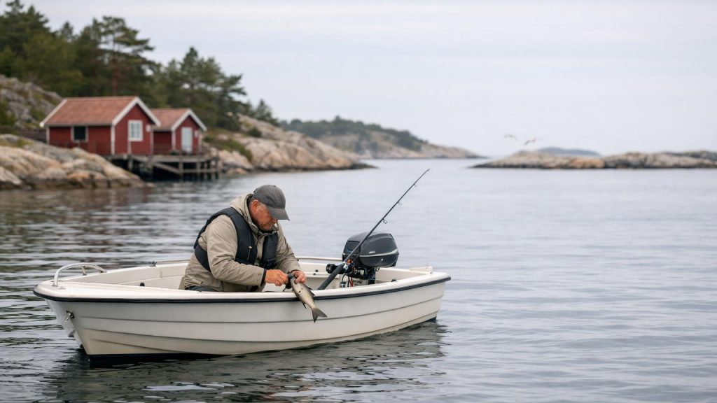 Fritidsfiskare i liten öppen motorbåt vid stenig kust med röda sjöbodar.