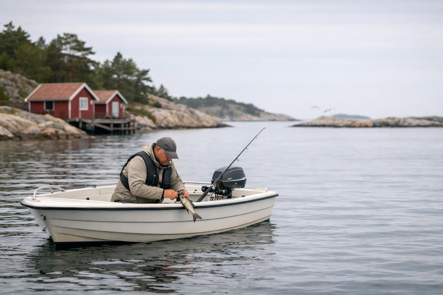 Fritidsfiskare i liten öppen motorbåt vid stenig kust med röda sjöbodar.