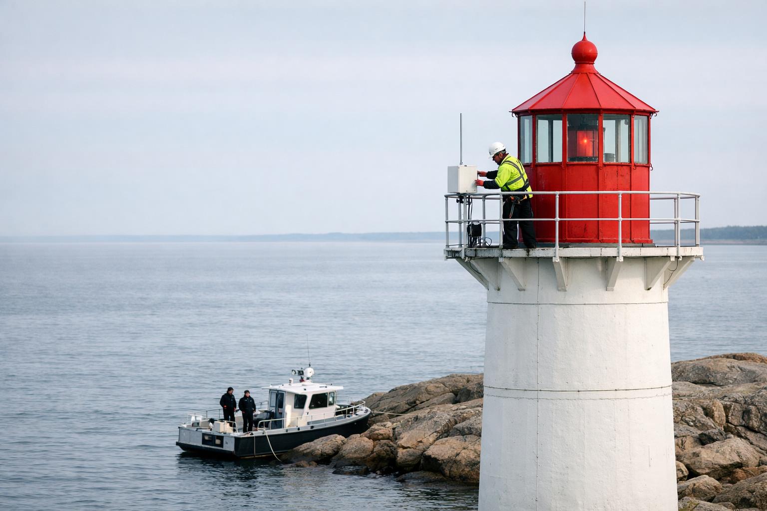 Vit fyr vid Östersjön med tekniker i säkerhetssele som installerar radarbox