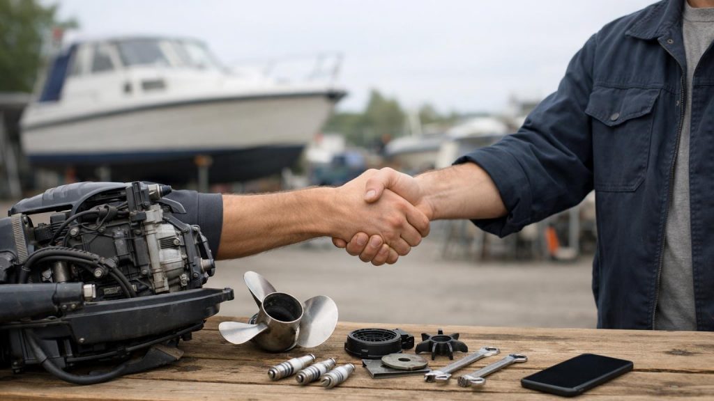 Två yrkespersoner skakar hand vid en arbetsbänk på ett svenskt varv.