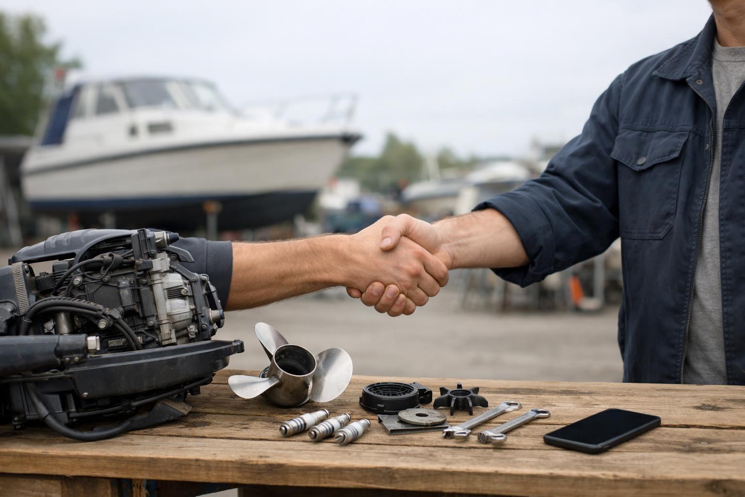 Två yrkespersoner skakar hand vid en arbetsbänk på ett svenskt varv.