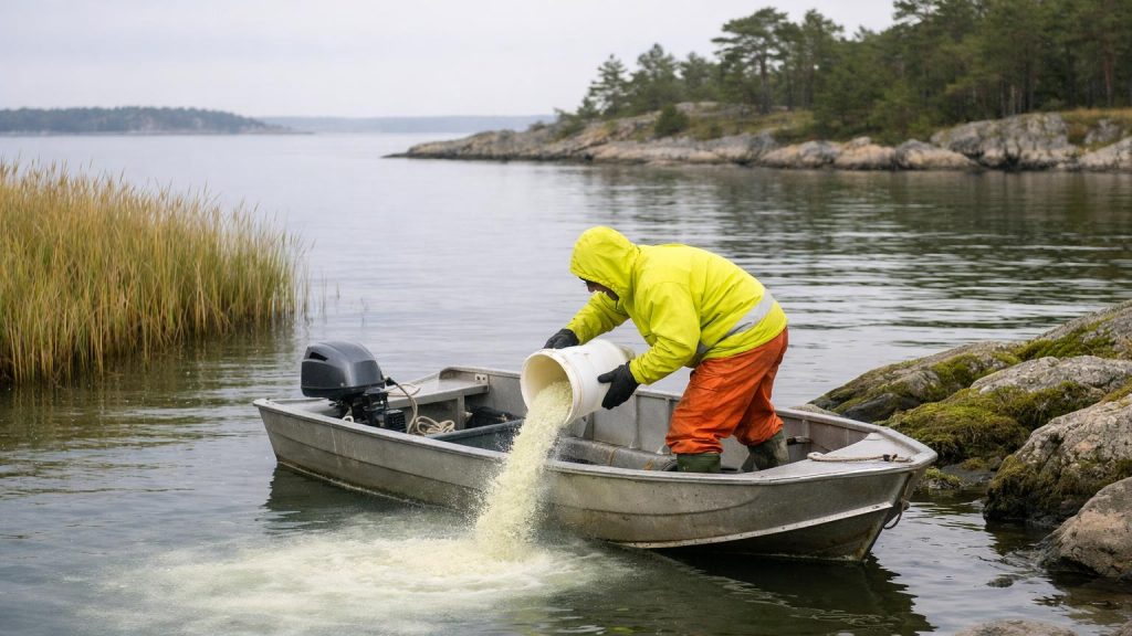 En aluminiumsskiff i lugnt kustnara faltarbetare haller limegranulat i vattnet