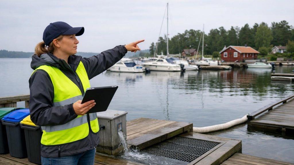 En hamnansvarig i jacka och reflexväst står på brygga framför fritidsbåtar.