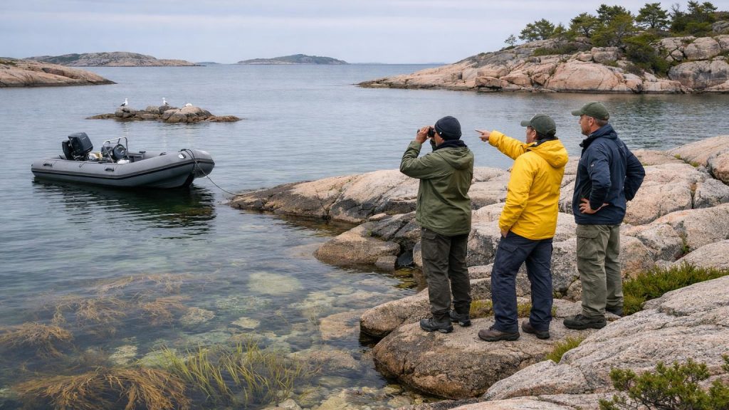 Tre faltarbetare vid lugn svensk kust med kelp och gras i vattnet.