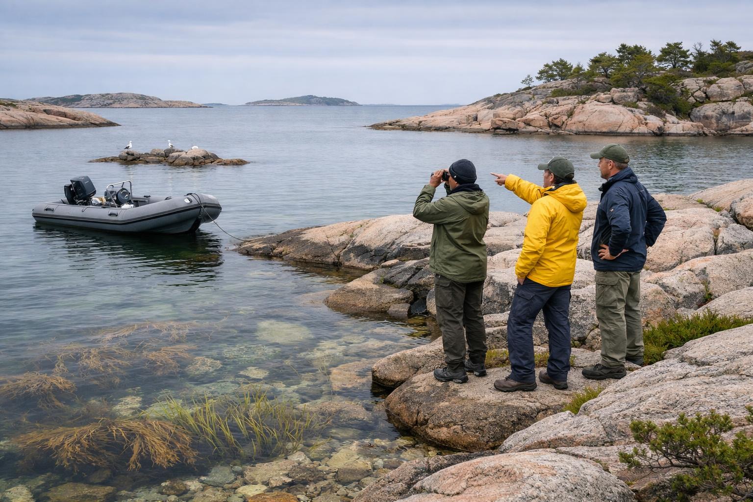 Tre faltarbetare vid lugn svensk kust med kelp och gras i vattnet.