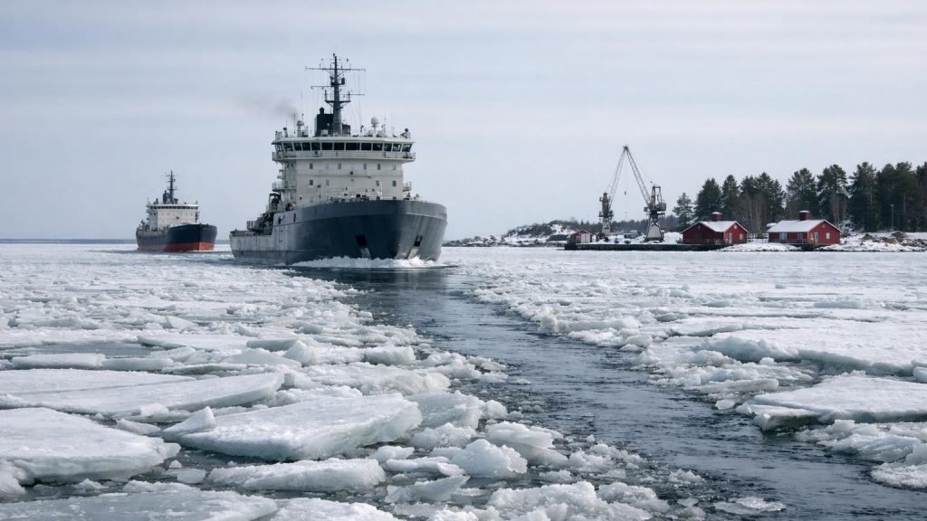 Isbrytare i kustlandskap skapar farled genom is mot hamnen.