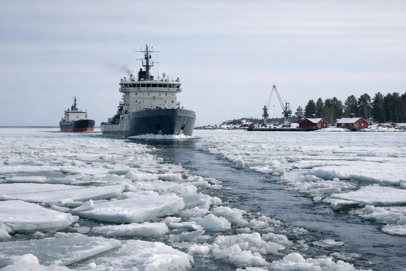 Isbrytare i kustlandskap skapar farled genom is mot hamnen.